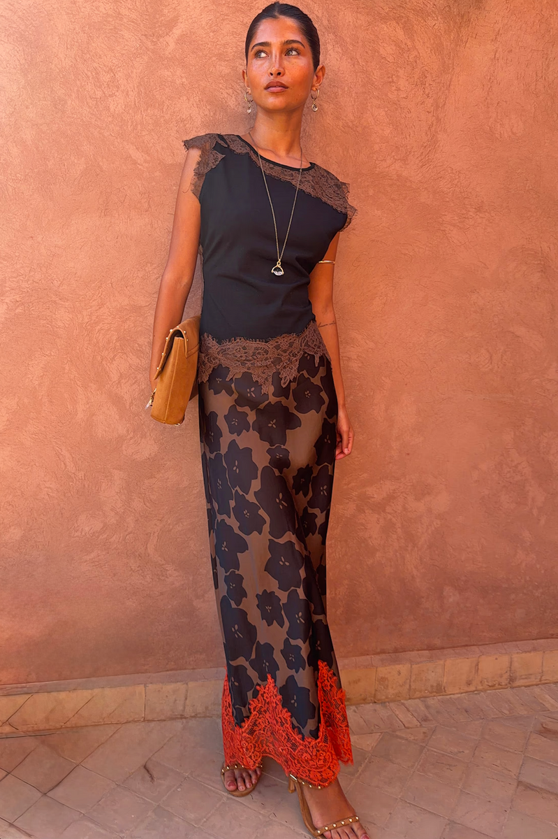 Never Fully Dressed - Tan Jaden Floral Midi Meava Skirt