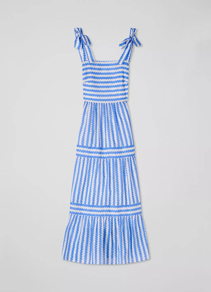 LK Bennett Caprice Blue and Cream Wavy Stripe Cotton-Silk Tiered Dress
