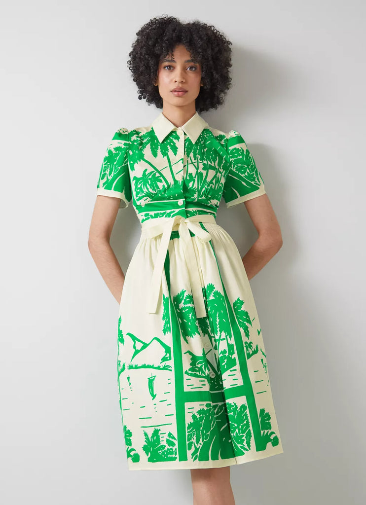 LK Bennett Fellini Green and Cream Tropical Print Cotton Shirt Dress