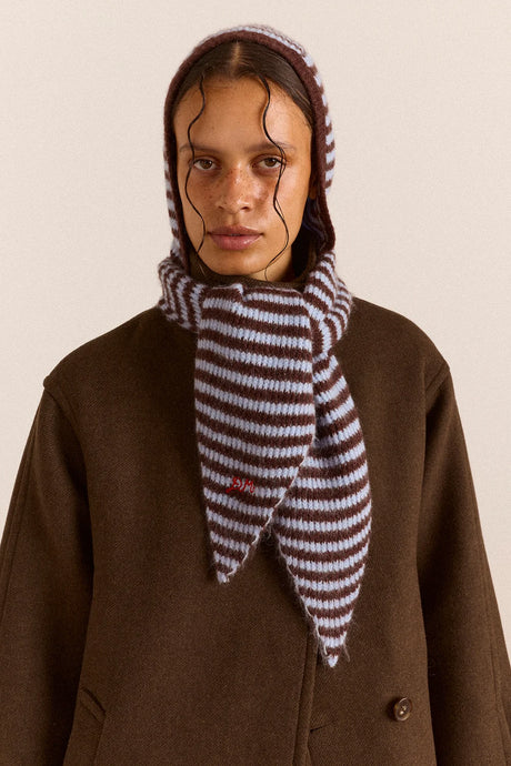 Damson Madder Tie Front Hood - Blue & Choc Stripe