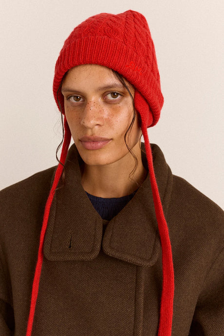Damson Madder Cashmere Mix Turn Up Tie Beanie - Red