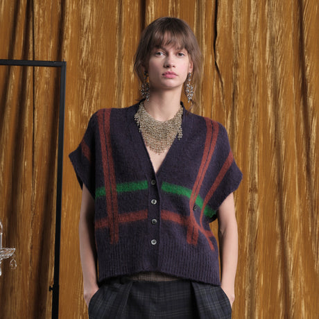 FLOOR - SLEEVELESS CHECKED JACQUARD CARDIGAN