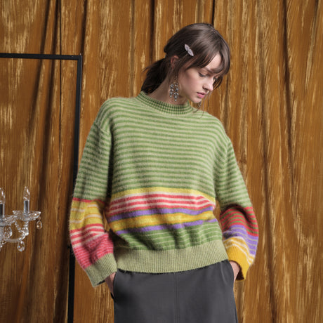 FLOOR - ROUND NECK PISTACHIO MULTICOLOURED STRIPES