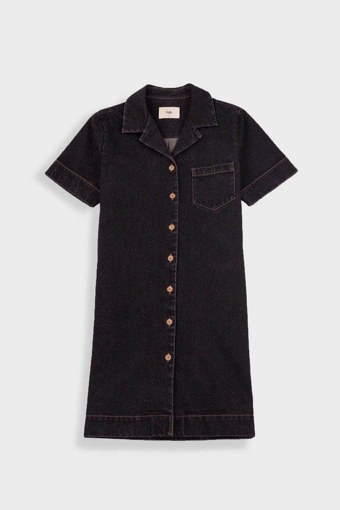 Folk Shirt Dress - Washed Black Denim