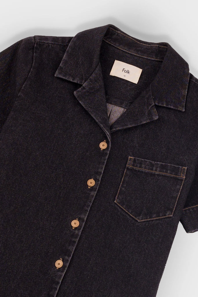 Folk Shirt Dress - Washed Black Denim