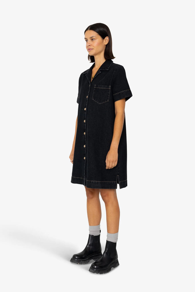 Folk Shirt Dress - Washed Black Denim