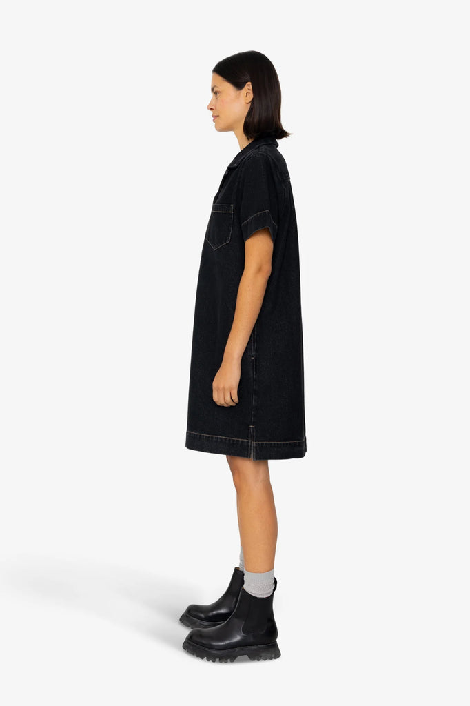 Folk Shirt Dress - Washed Black Denim