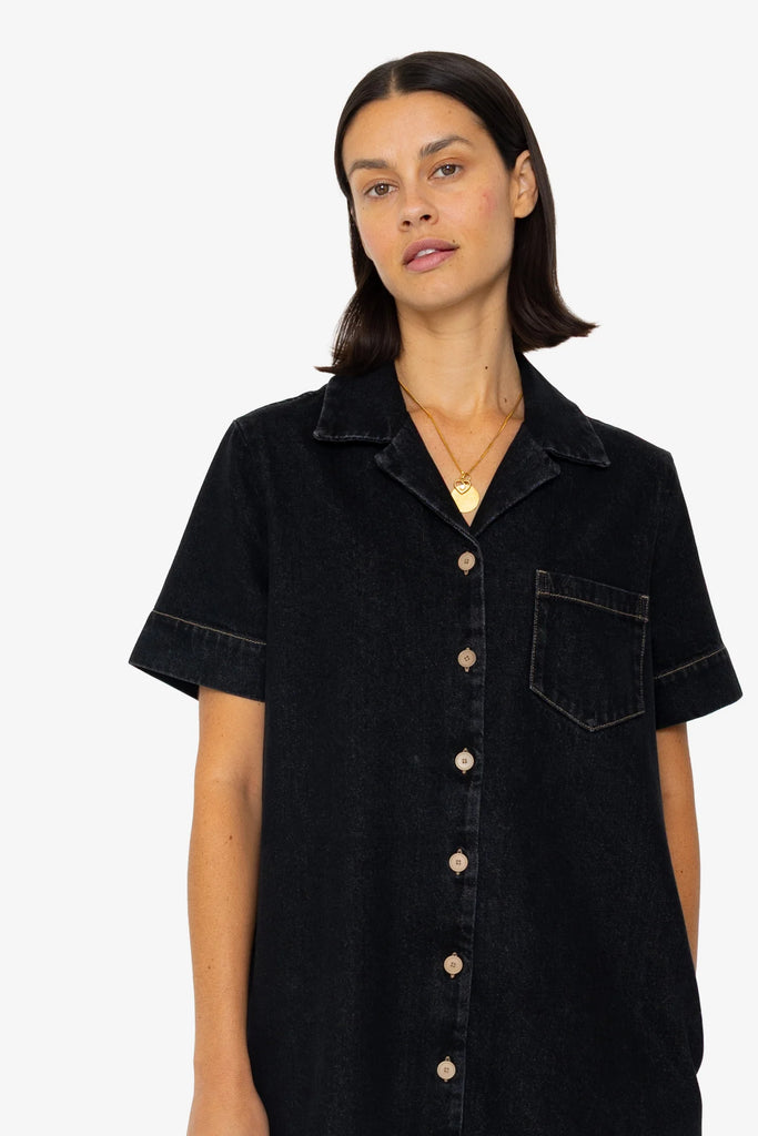 Folk Shirt Dress - Washed Black Denim