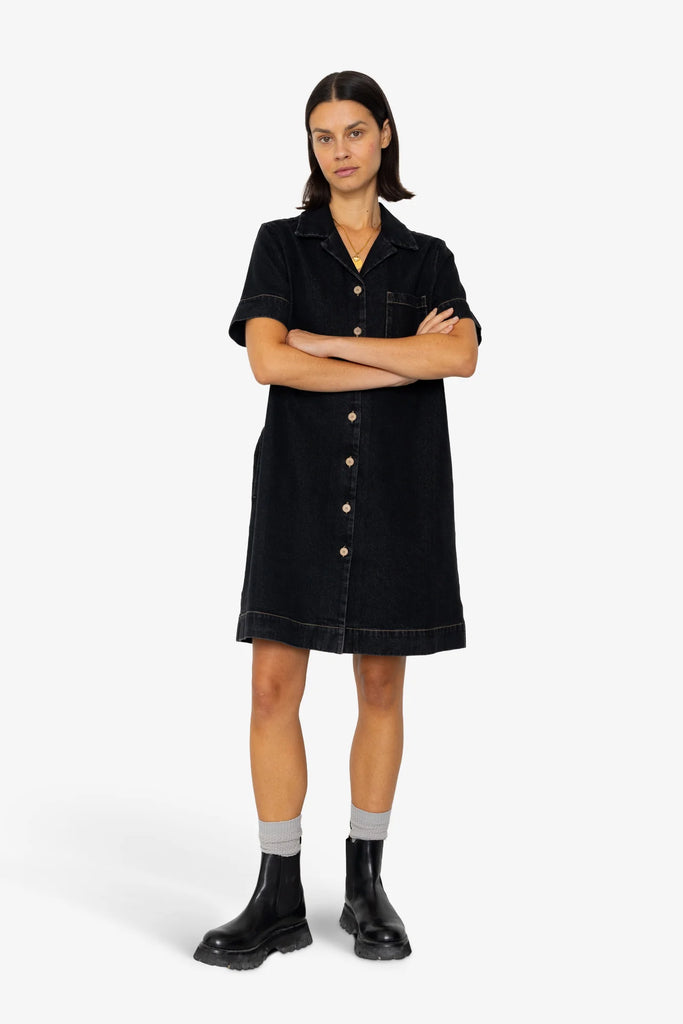 Folk Shirt Dress - Washed Black Denim
