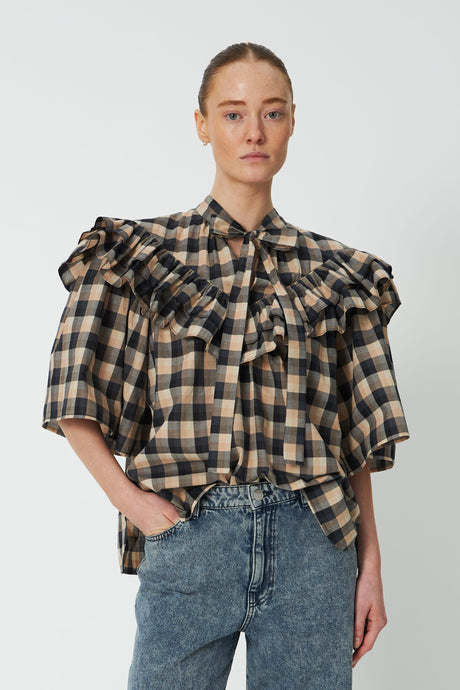 STELLA NOVA Frill Checked Blouse - Beige & Black