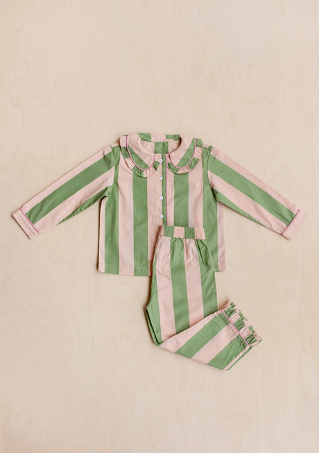 Tbco Cropped Cotton Kids Pyjama Set - Green Stripe