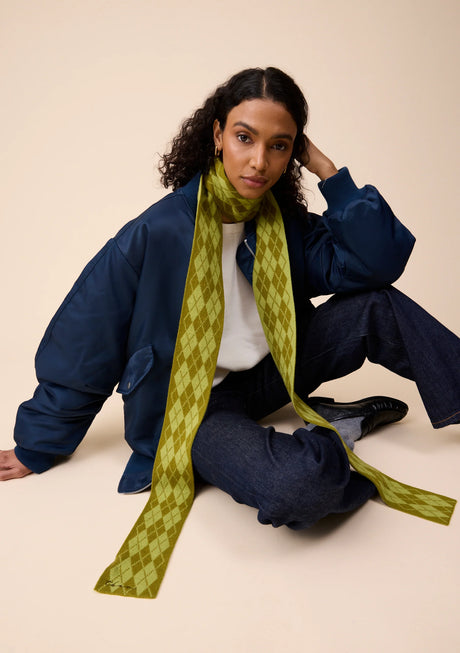 TBCo Merino Wool Skinny Scarf in Green Argyle