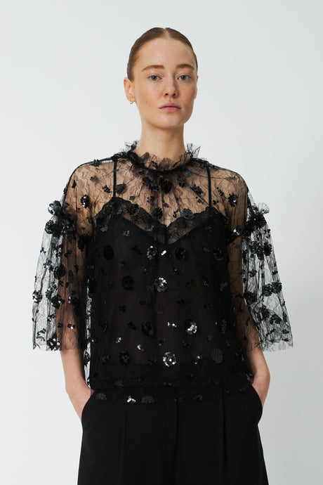 STELLA NOVA Sequins Mesh Blouse - Black