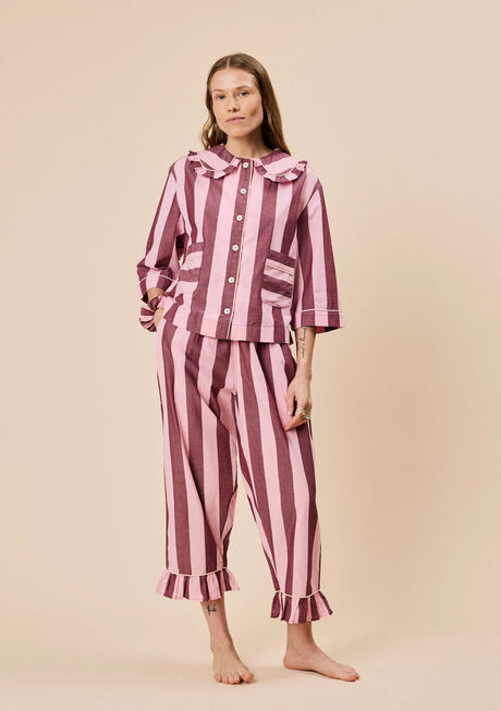 Tbco Cropped Cotton Pyjama Set - Pink & Burgundy Stripe