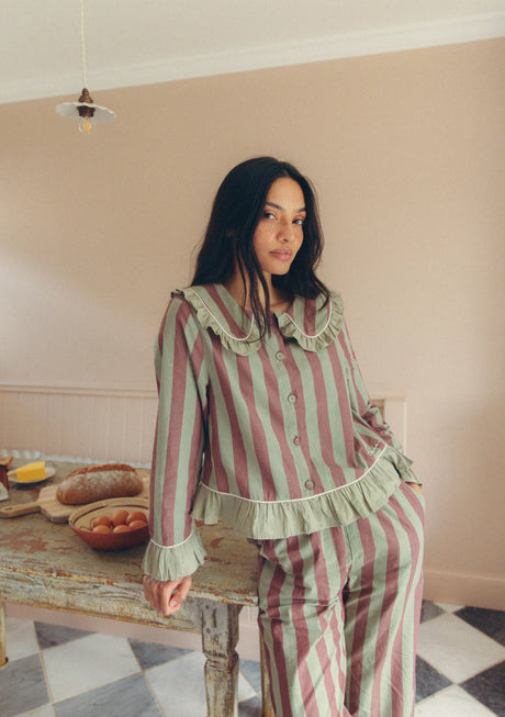 Tbco Cotton Pyjama Set - Sage & Brown Stripe