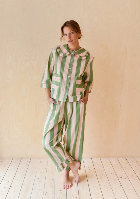 Tbco Cropped Cotton Pyjama Set - Green Stripe