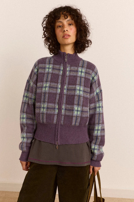 Damson Madder Saffy Cardigan - Brushed Check Lilac