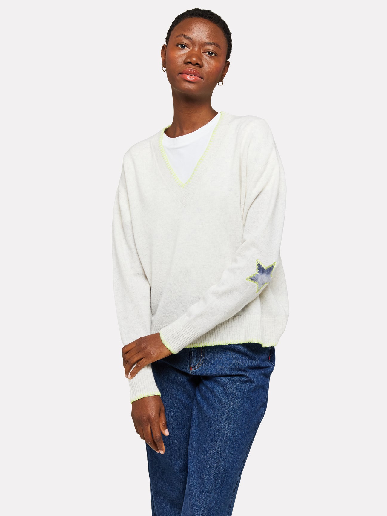 BRODIE Cashmere Inked Patch V Neck - Haze