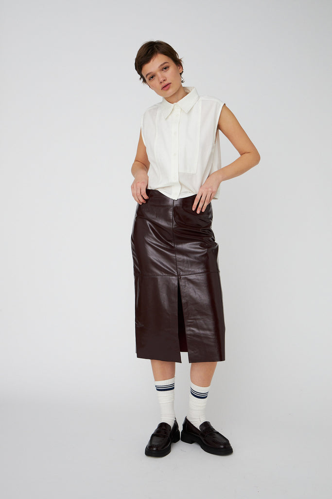 STELLA NOVA Midi Leather skirt - Brownish Red
