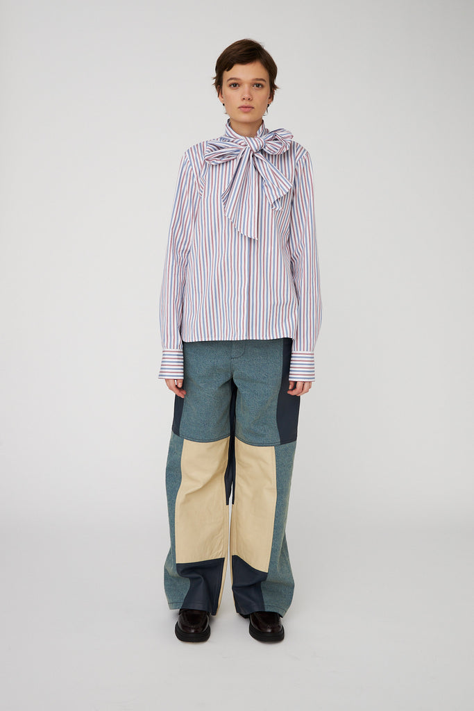 STELLA NOVA Cotton Striped Bow Shirt - Red & Blue Stripes