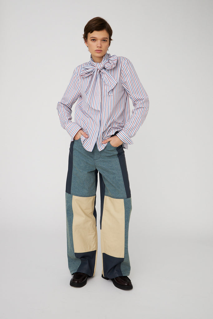 STELLA NOVA Cotton Striped Bow Shirt - Red & Blue Stripes