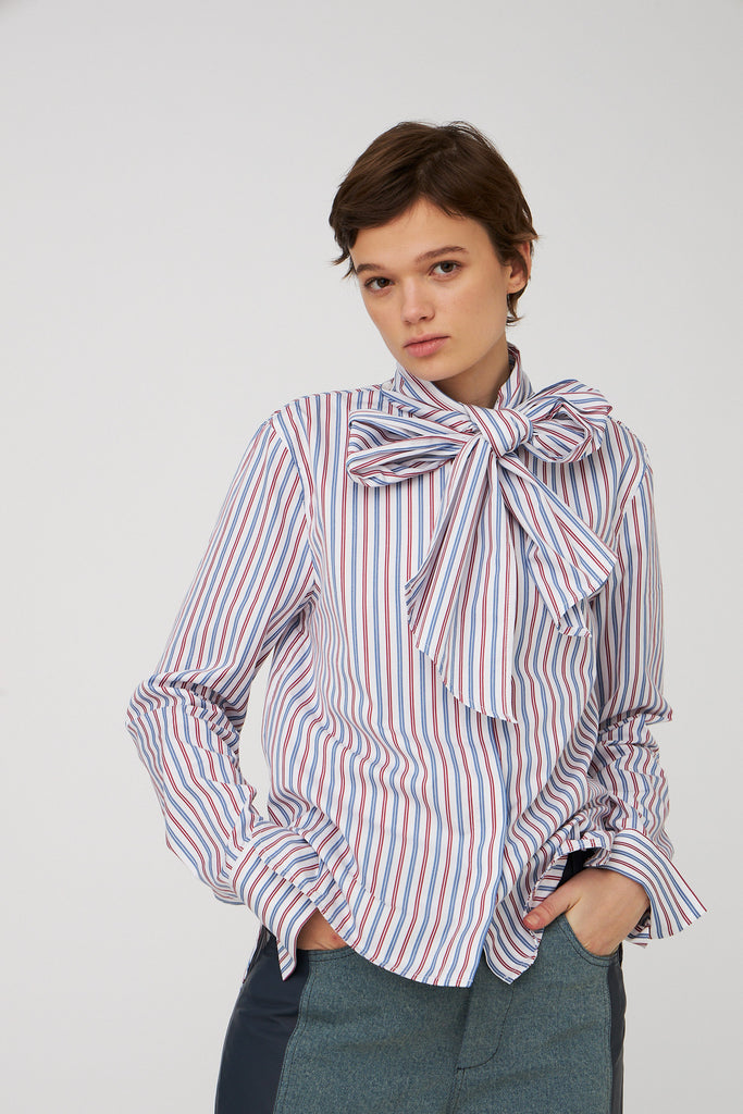 STELLA NOVA Cotton Striped Bow Shirt - Red & Blue Stripes