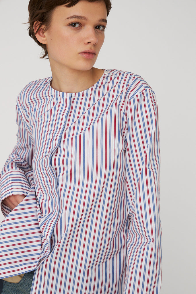STELLA NOVA Cotton Striped Bow Shirt - Red & Blue Stripes