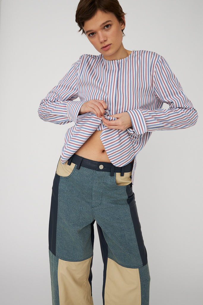 STELLA NOVA Cotton Striped Bow Shirt - Red & Blue Stripes