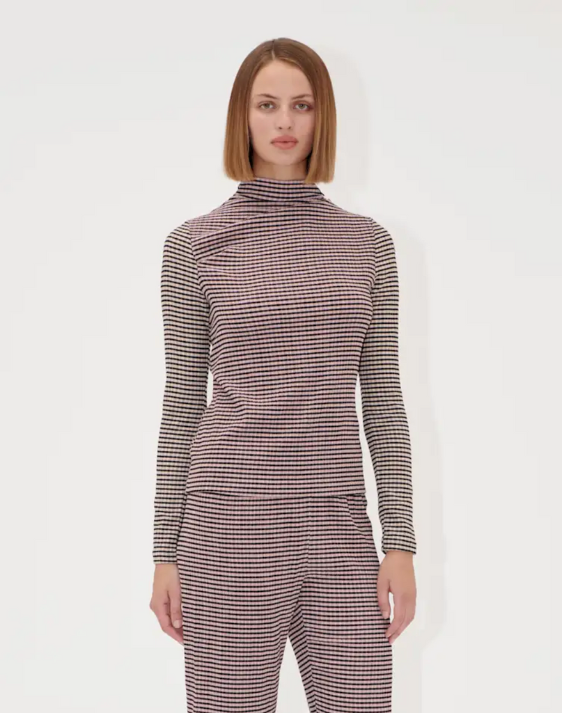 STINE GOYA Patchwork Jersey, Long Sleeve Pleated Shoulder Top
