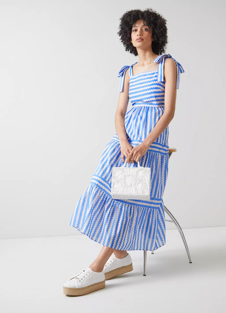 LK Bennett Caprice Blue and Cream Wavy Stripe Cotton-Silk Tiered Dress