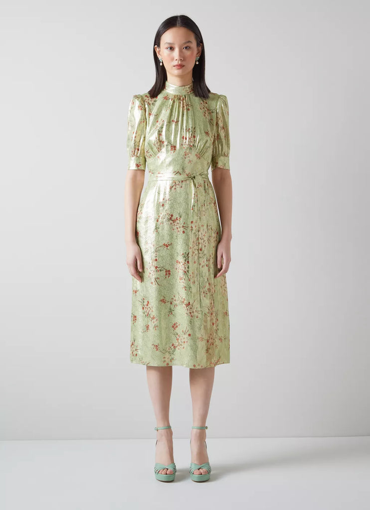 LK Bennett Finch Green Metallic Cherry Blossom Print Silk Dress
